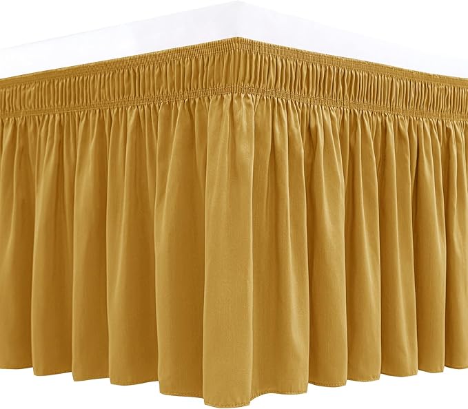 Biscaynebay Wrap Around Bed Skirts for King & Cal King Beds Short Drop of 12", Gold Adjustable Elastic Dust Ruffles Easy Fit Wrinkle Resistant Silky Luxurious Fabric Machine Washable