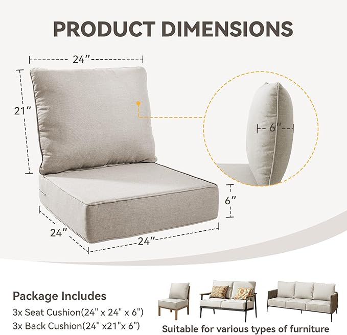 Outdoor Cushion Set for Furniture Patio Furniture, UV Resistant, Water Resistant - 6 Inch Thick Foam Garden Cushions– 24x24 Inch Patio Seat Covers for Chair/Sofa/Couch | Beige | 3-Pack |