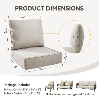 Outdoor Cushion Set for Furniture Patio Furniture, UV Resistant, Water Resistant - 6 Inch Thick Foam Garden Cushions– 24x24 Inch Patio Seat Covers for Chair/Sofa/Couch | Beige | 3-Pack |