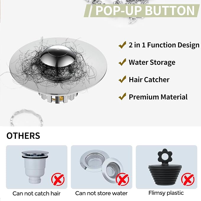 Kitchen Sink Drain Strainer 3 in 1, 304 Stainless Steel Pop Up Sink Stopper - Image 6