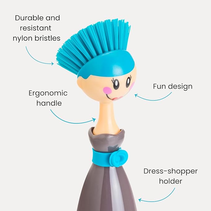 Vigar Dolls Dish Brush with Ergonomic Handle and Dress-Shaped Brush Holder - Image 3