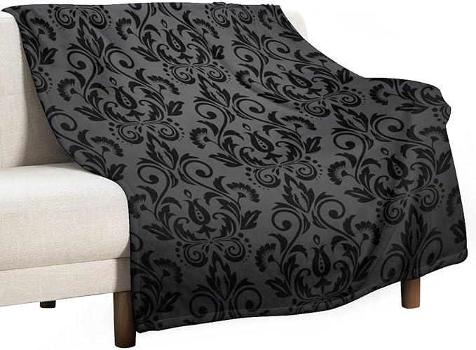 Black Damask Blanket, Antique Victorian Style Gothic Vintage Black Floral Bohemian Exotic Print Blanket for Sofa Bed Decor Fuzzy Blanket Twin, 40"x50"