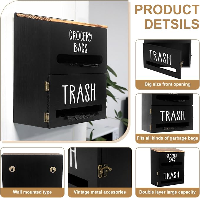 2 in 1 Trash Bag Dispenser, Double Wall Mounted, Wood Trash Bag Holder - Image 7