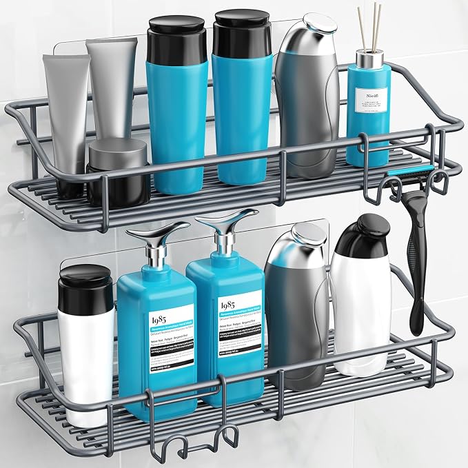 Nieifi Shower Caddy Shelf with Hooks Storage Rack Organizer Adhesive Stainless - Image 2