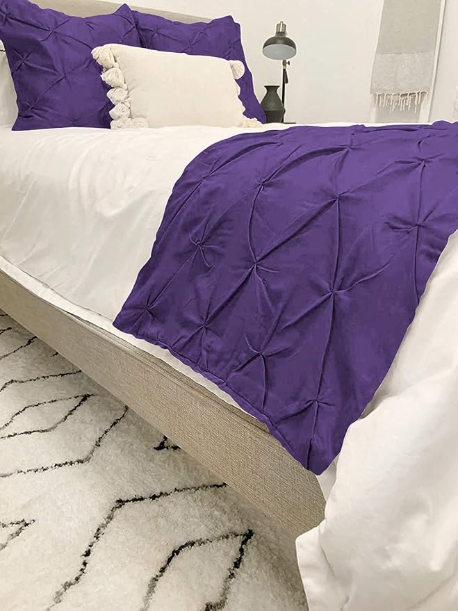 Bed Runner Set - 100% Pure Cotton 800 Thread Count - Luxury 1 Pinch Pleated Bed Runner and 2 Pillow Cover - 3 Piece Pinch Pleated Bed Runner Set Queen, Purple