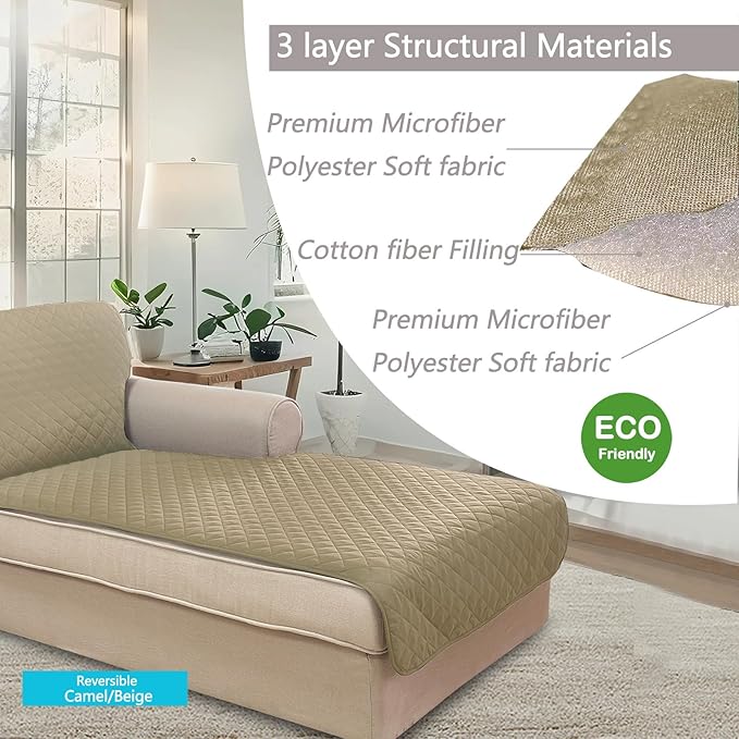 U-NICE HOME Sectional Couch Cover for Dogs Chaise Lounge Reversible Sofa Cover Furniture Protector Cover for Pets with Elastic Adjustable Strap (Chaise Lounge, Light Camel/Beige)