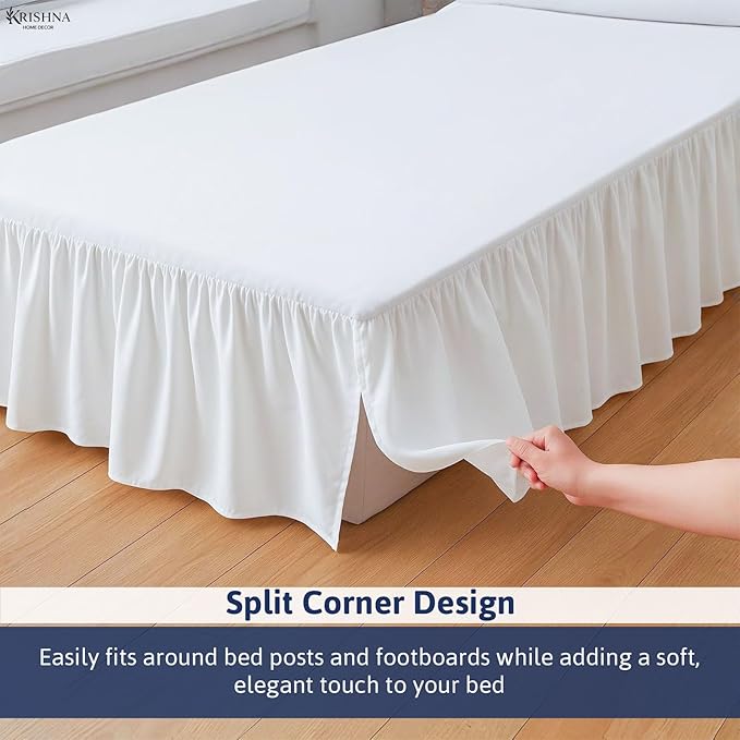 KRISHNA Ruffled Bed Skirt with Split Corners King, 100% Microfiber Hotel Quality, 15 Inch Drop Dust Ruffle Gathered Bedskirt with Platform, 78" x 80", White