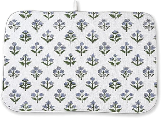 Vintage Blue Sage Green Floral Dish Drying Mat 18 x 24 Inch Block Print Floral by Sorktse