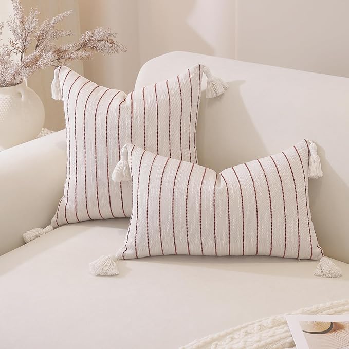Boho Throw Pillow Covers 20x20 Inch Set of 2, Wine Red Textured Linen Striped Square Pillow Covers with Tassels, Soft & Cozy Farmhouse Décor Pillow Cases for Sofa Couch Bed Living Room Thanksgiving