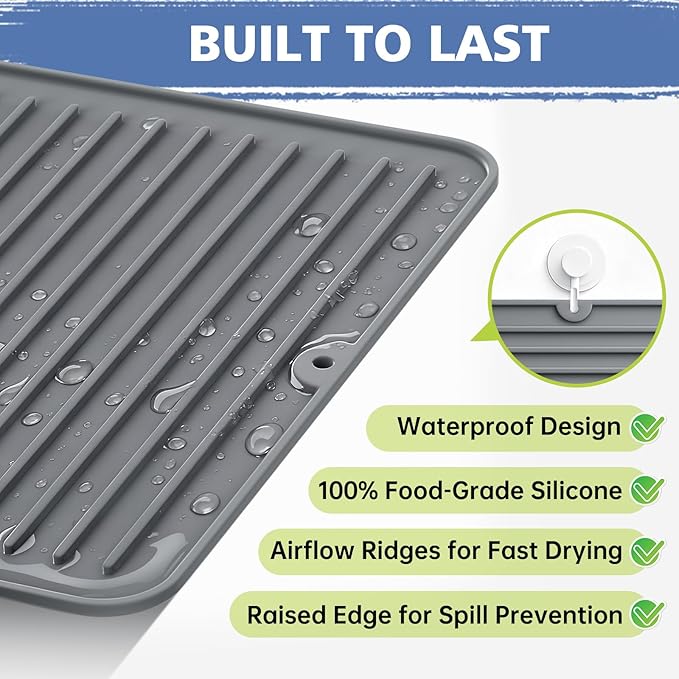 Songrey 12" x 6.5" Silicone Dish Drying Mat, Kitchen Counter Drying Pad - Image 2