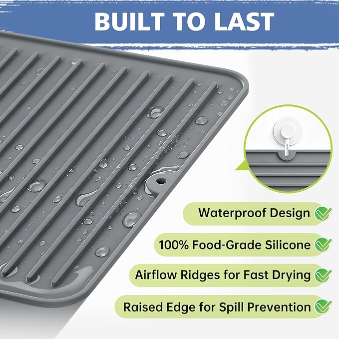 Songrey 28" x 18" Silicone Dish Drying Mat, Kitchen Counter Drying Pad - Image 2