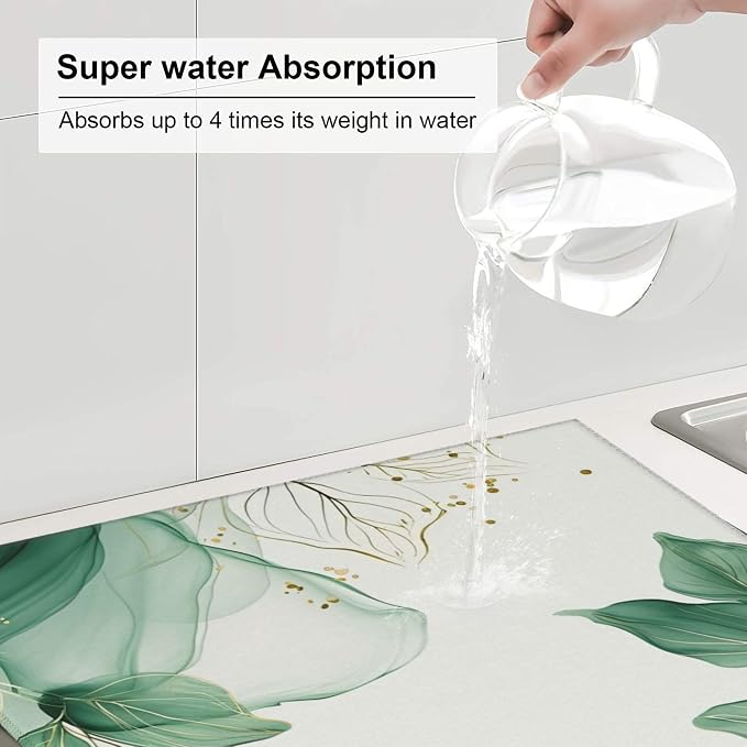 Watercolor Green Palm Leaves Dish Drying Mat 16x18 Inch, Microfiber Absorbent - Image 4
