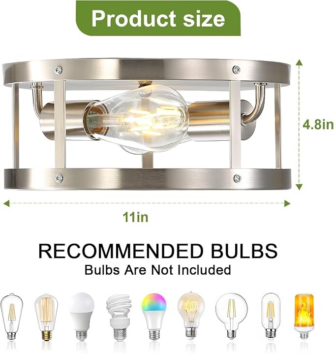 2-Light Industrial Flush Mount Ceiling Light Fixture, Brushed Nickel Farmhouse - Image 3