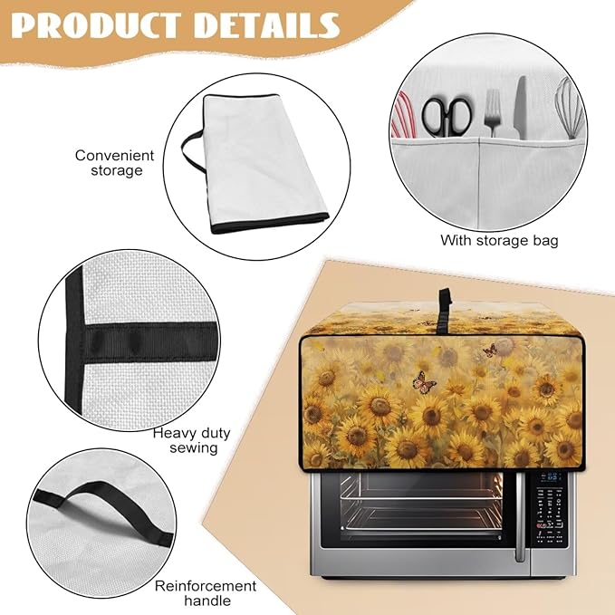 Microwave Oven Cover Dustproof Air Fryer Toaster Oven Protector with Storage Pockets, Stain-resistant Small Appliance Cover for Kitchen Decor, M, Sunflower Butterfly