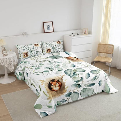 Erosebridal Kawaii Squirrel Bedding Twin for Boys Girls Cartoon Animal Comforter Set Twin, Eucalyptus Leaves Duvet Insert Jungle Wildlife Quilt Comforter, Tropical Plants Bedding Comforters & Sets