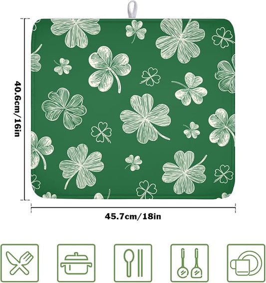 St Patrick's Day Dish Drying Mat 16 x 18 Inch Green Shamrock Dish Drainer Rack - Image 2