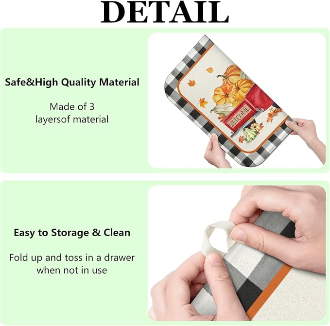 Fall Dish Drying Mat for Kitchen Counter, Autumn Buffalo Plaid Truck Pumpkin - Image 7