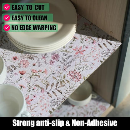 Floral Leaf Shelf Liners Strong Non-Slip and Non Adhesive 12IN x 20FT Shelf and Drawer Liners for Kitchen Cabinet Wire Fridge, Waterproof Shelf Drawer Liner,Easy to Clean