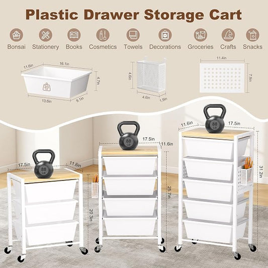 Rolling Cart with Drawers, Rolling Storage Cart with 5 Large Plastic Drawers & - Image 2