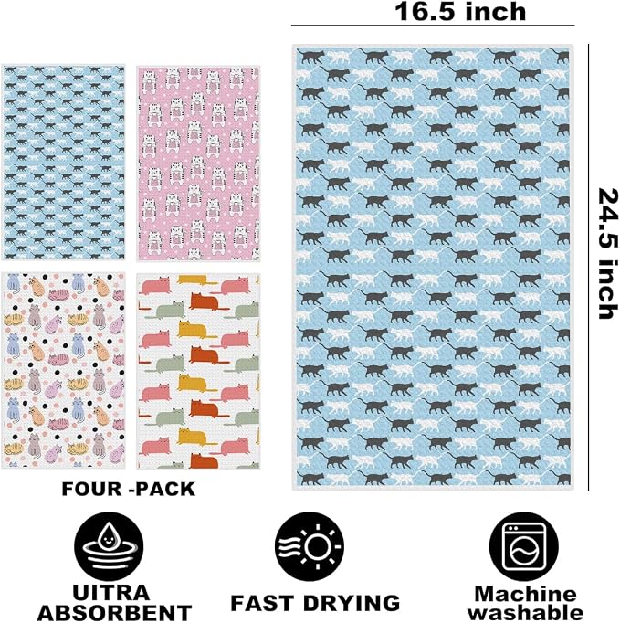 Hanamiya Na 4Pcs Cute Cat Kitchen Towels, Whimsical Decorative Absorbent - Image 2