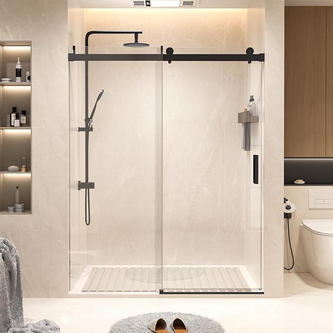 Shower Door 68–72 in W x 76 in H, Matte Black, 3/8" Tempered Glass Panel by Relaxcabine