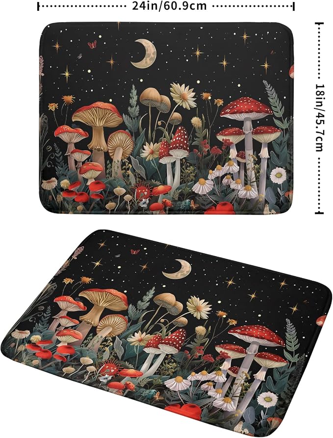 Black Mushroom Dish Drying Mat for Kitchen Counter Leaves Botanical Microfiber - Image 2