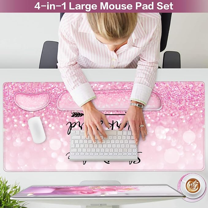 Mousepad Pink, Mouse Pad with Wrist Rest, 4-in-1 Large Mousepad+Keyboard Wrist - Image 2