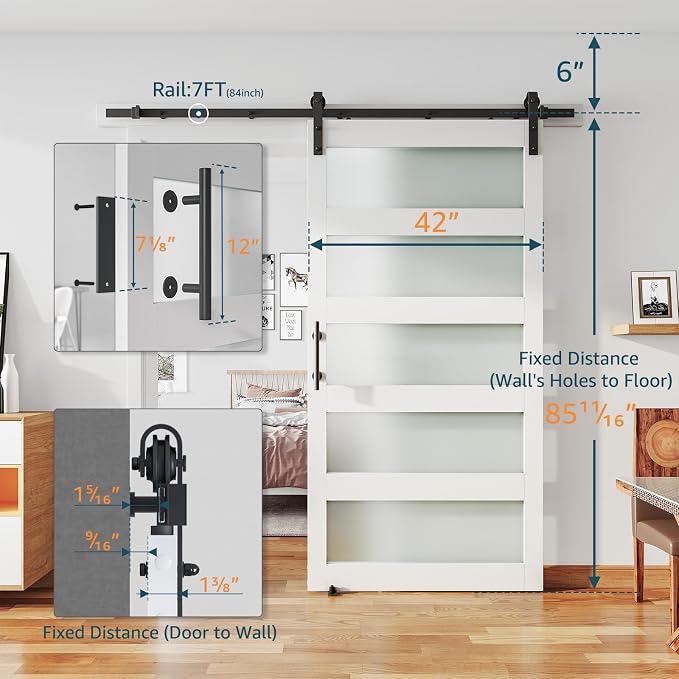 42'' x 84'' Glass Barn Door and 7 Ft Hardware Kit Included, MDF White Barn Door - Image 2