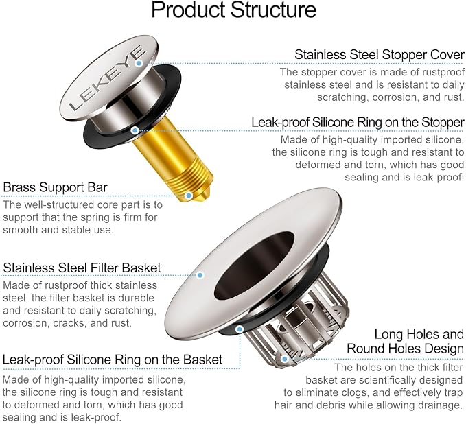 LEKEYE Tub Stopper | Shower Drain Hair Catcher | Pop-up Drain Stopper - Image 8