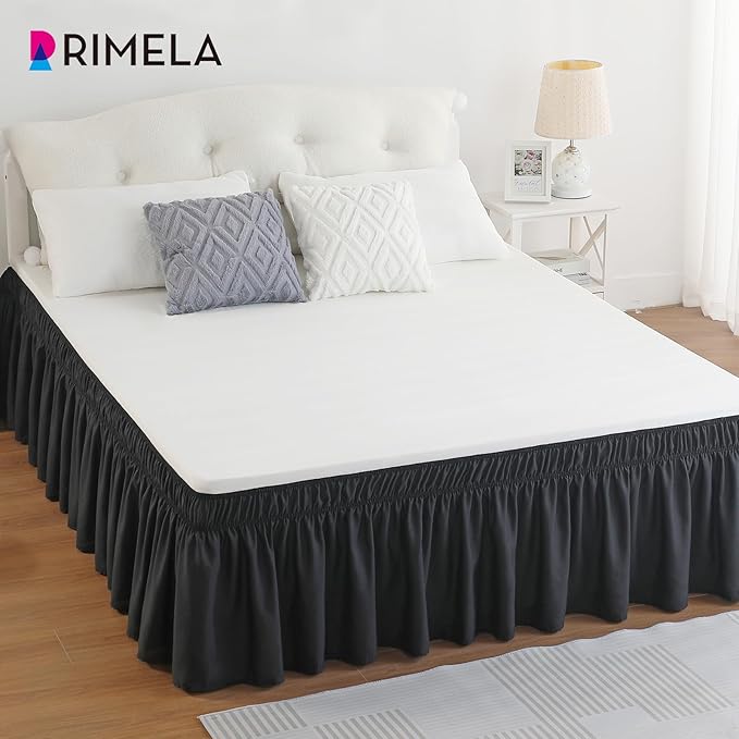 RIMELA Bed Skirt Full Size Black Bed Skirt 25 Inch Drop, Wrap Around Elastic Adjustable Bedskirt, Dust Ruffle for Bed Frame & Box Spring Soft Durable Fabric Machine Washable Easy to Install