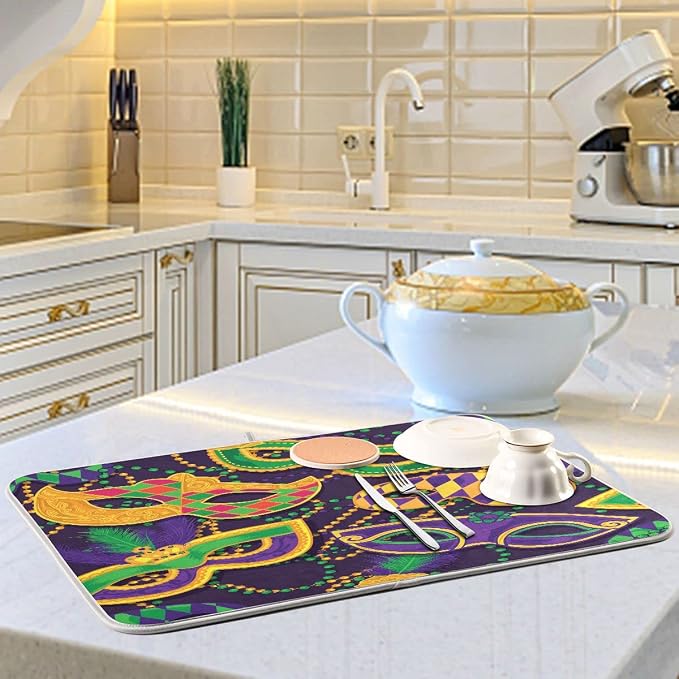 Mardi Gras Dish Drying Mat for Kitchen Mask Beads Confetti Masquerade Party - Image 6