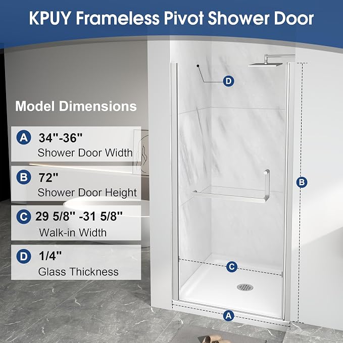 KPUY Pivot Shower Door, 34-36" W x 72" H Frameless Single Swing Glass Shower - Image 4