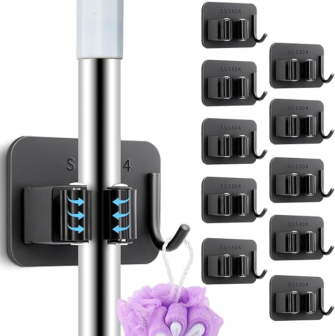 10 Pack Heavy Duty Mop and Broom Holder Wall Mount, No Drill Self Adhesive by Unknown