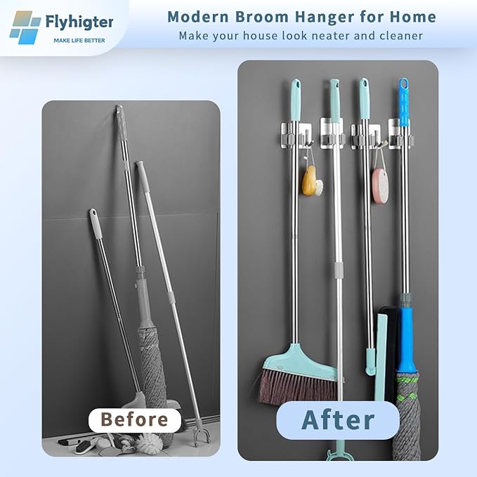 5 Pack Heavy Duty Mop and Broom Holder Wall Mount, No Drill Self Adhesive - Image 2