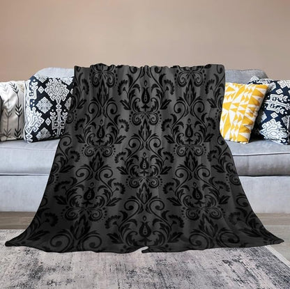 Black Damask Blanket, Antique Victorian Style Gothic Vintage Black Floral Bohemian Exotic Print Blanket for Sofa Bed Decor Fuzzy Blanket Twin, 40"x50"