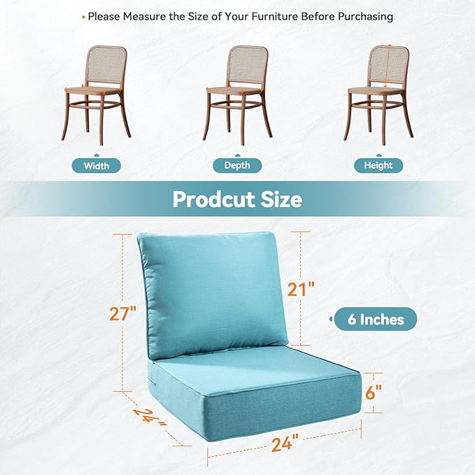 Luxury 6" Outdoor Cushions for Patio Furniture, 24x24x6" Thick Seat Cushion Set of 2, Fade Resistant Couch Chair Replacement Cushions High Density Deep Wicker Chair Cushion w/ Removable Cover, Teal