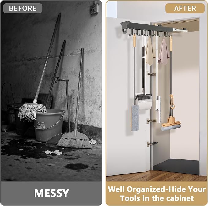 Pull-Out Mop and Broom Holder Slide Broom Closet Organizer Sliding Garage - Image 4