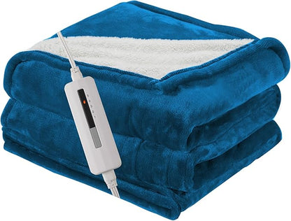 Electric Blanket Twin Size 62" x 84" Thickened Flannel and Sherpa Heated Blanket,10 Hours Timer Auto-Off,5 Heating Levels, Machine Washable, Lake Blue&White
