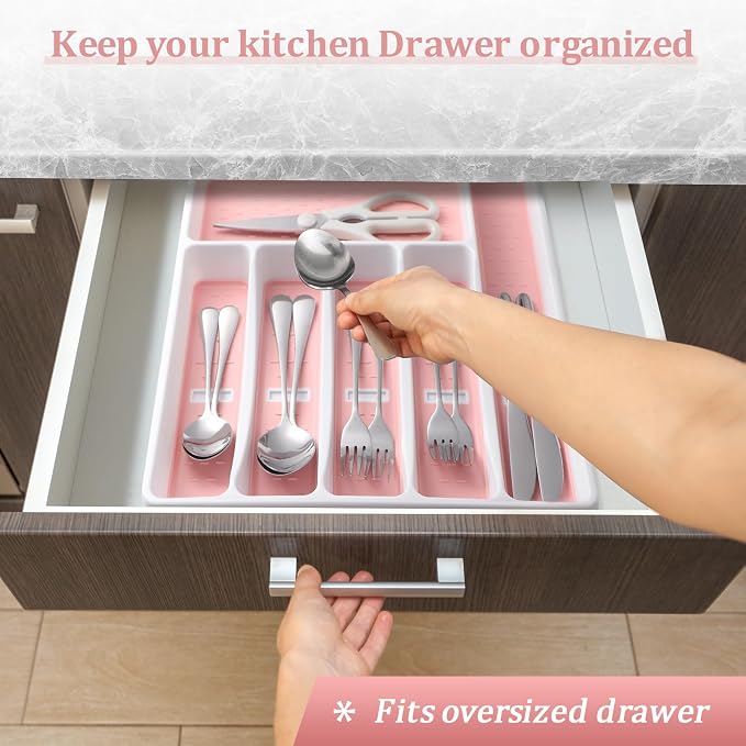 Silverware Organizer with Cutlery Icons，Pink Kitchen Silverware Tray - Image 5
