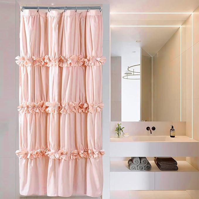 Peach Small Stall Ruffle Shower Curtain 36" W x 72" H, Vintage Handcrafted Bow - Image 2