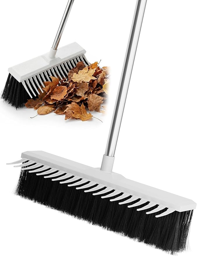 NiHome Outdoor Push Broom with Garden Rake, 2-in-1 16-Inch Dual-Sided Head by NiHome