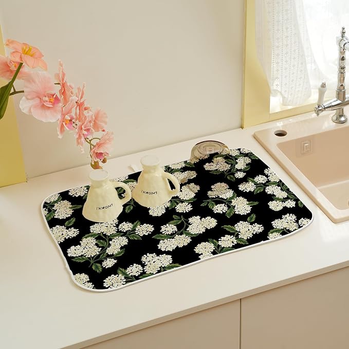 Black Hydrangea Dish Drying Mats 18x24 Inch Mats Spring Beige Green Floral - Image 5