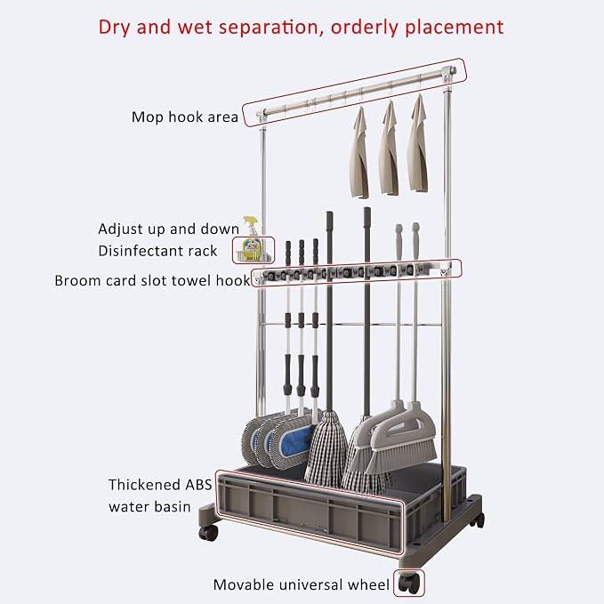 Movable Commercial Mop Rack, Floor Standing Cleaning Tool Cart Storage - Image 3