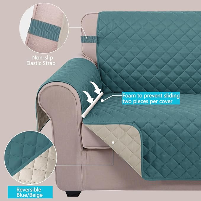 U-NICE HOME Loveseat Sofa Cover Reversible Couch Covers for 2 Cushion Couch for Dogs Furniture Protector Cover with Elastic Straps Water Resistant(Loveseat Small, Blue/Beige)