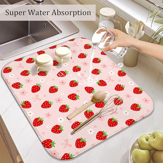 Strawberry Dish Drying Mat for Kitchen Counter, Washable Absorbent Kitchen - Image 6