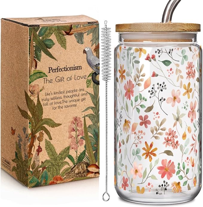Floral Iced Glass Cups with Bamboo Lids and Straws 16oz Wildflower Coffee Cup by Unknown