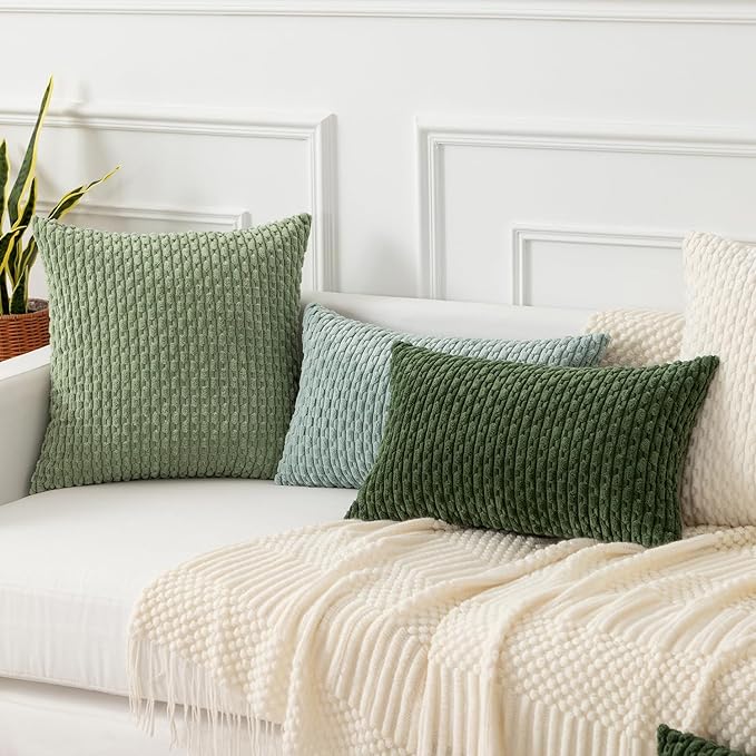 Kevin Textile 12x20 Inch Pillow Cover 1 Pack Boho Decorative Soft Striped Corduroy Lumbar Farmhouse Solid Color Accent Rectangle Cushion Case for Living Room Couch Sofa Bed, Moss Green