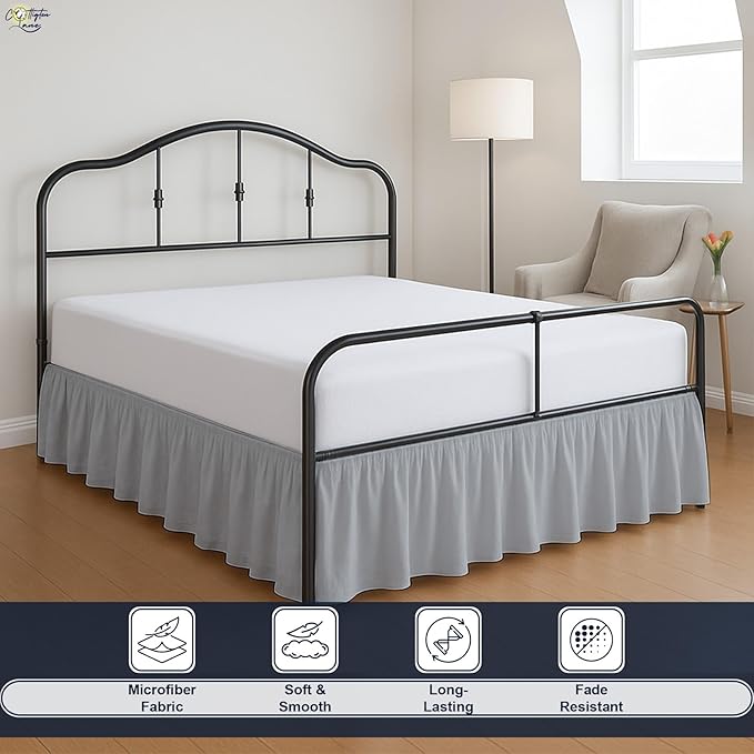 Cottington Lane Ruffled Bed Skirt Queen Size With Split Corner, Brushed Microfiber Hotel Quality Silver Grey Dust Ruffle, 16 Inch Drop Gathered Bedskirt, Soft and Stylish, Shrinkage and Fade Resistant