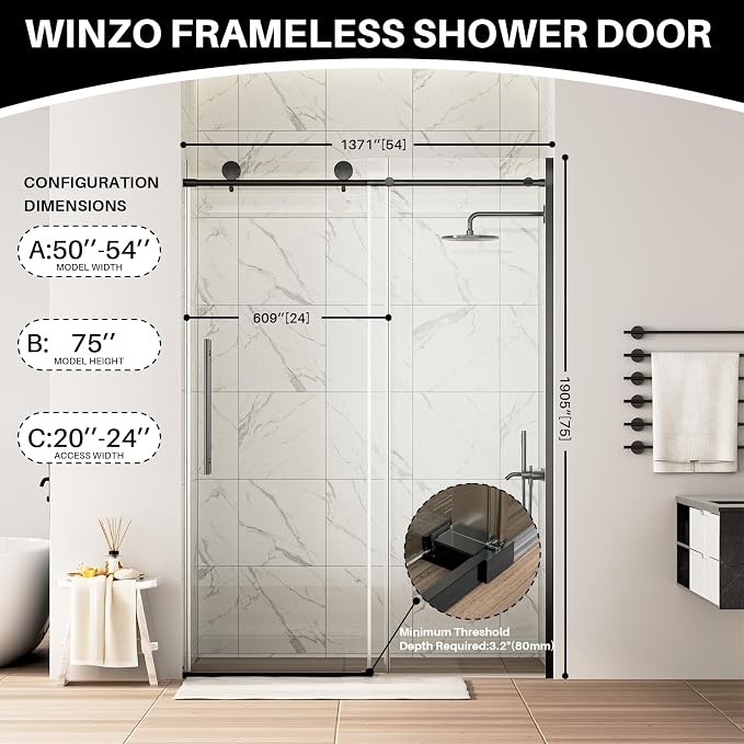 WinZo Frameless Shower Door 50-54 in W x 75 in H, Sliding Shower Door - Image 8