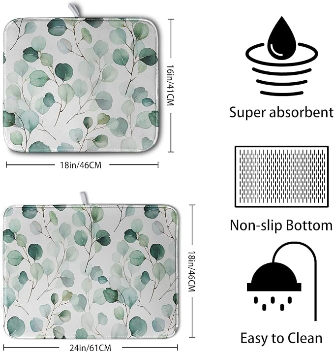 Green Leaves Dish Drying Mat Eucalyptus Leaf Branch Plant Drying Mats Absorbent - Image 2